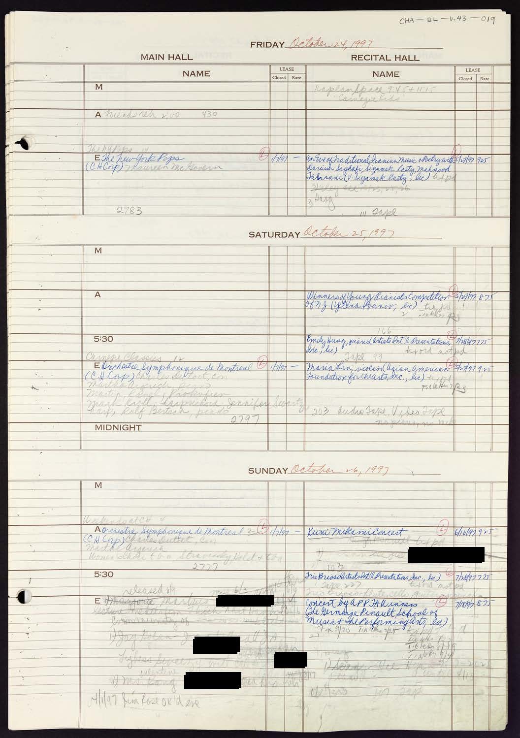 Carnegie Hall Booking Ledger, volume 43, page 19