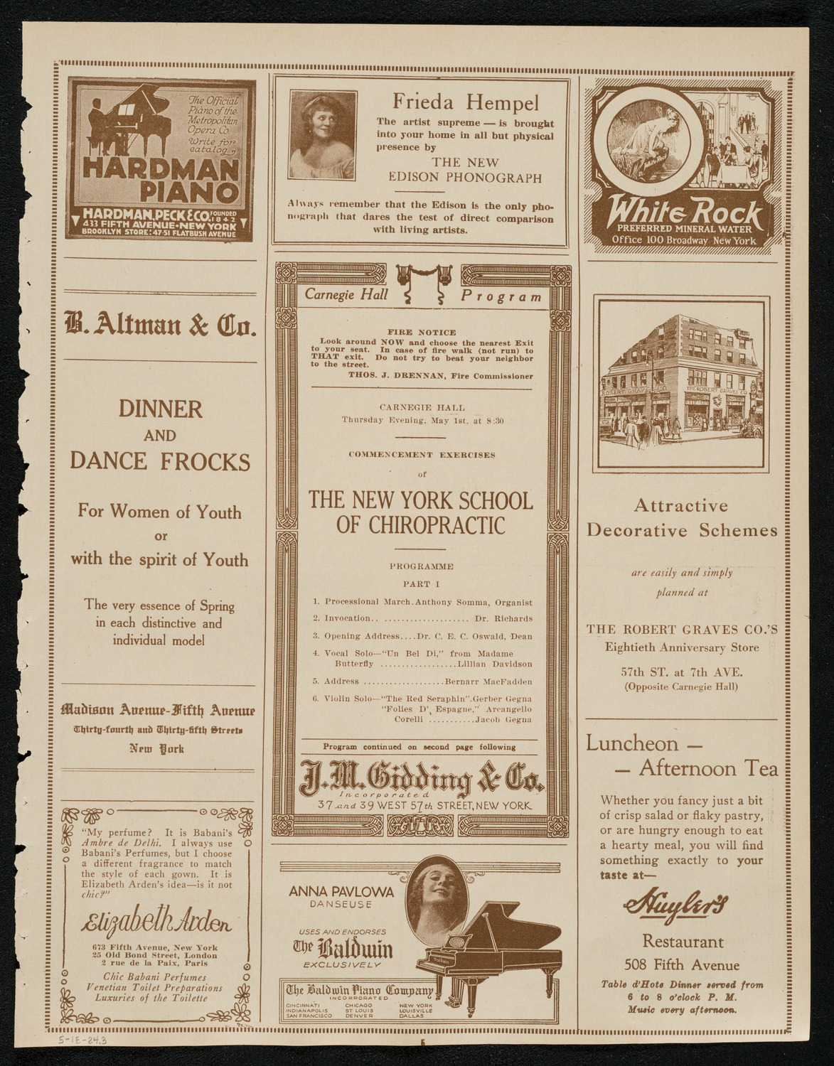 Graduation: New York School of Chiropractic, May 1, 1924, program page 5