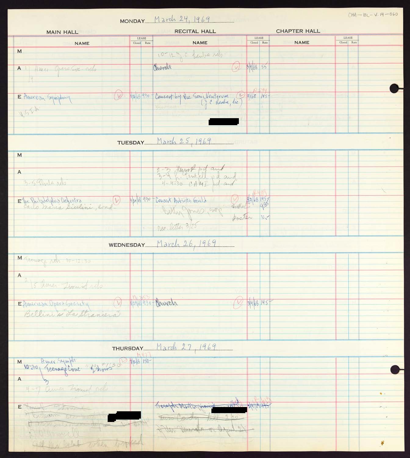 Carnegie Hall Booking Ledger, volume 14, page 60