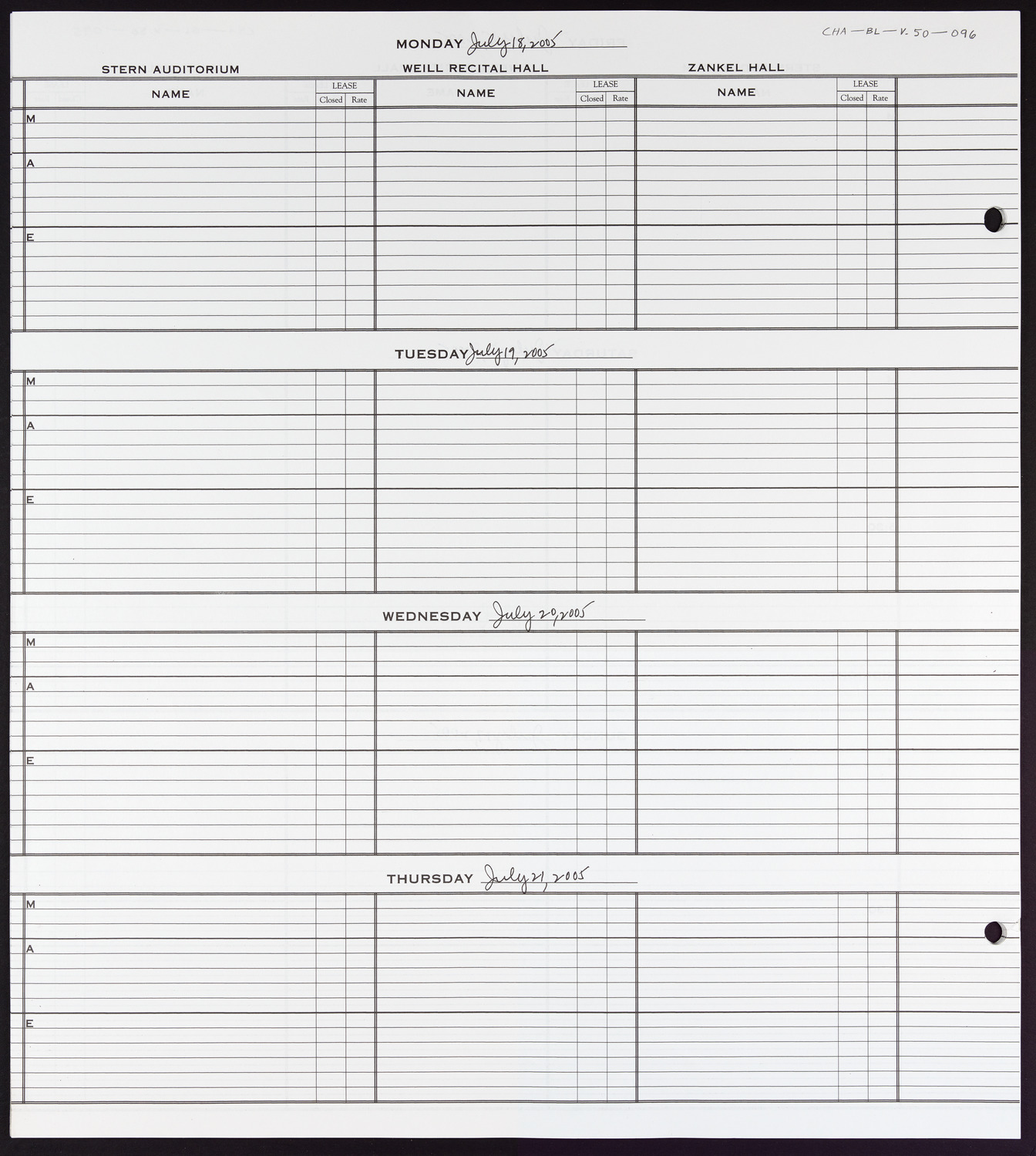 Carnegie Hall Booking Ledger, volume 50, page 96