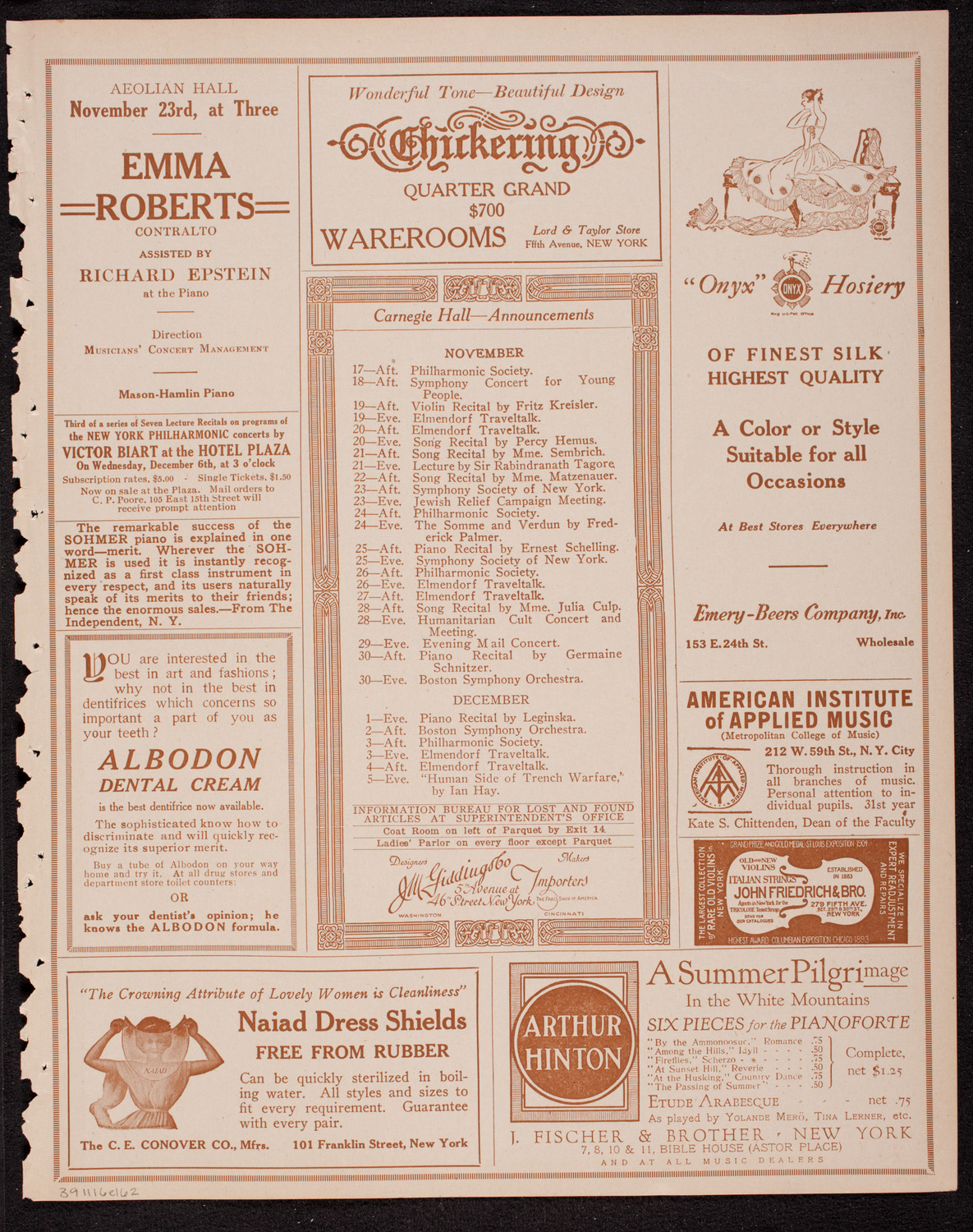 New York Philharmonic, November 16, 1916, program page 3