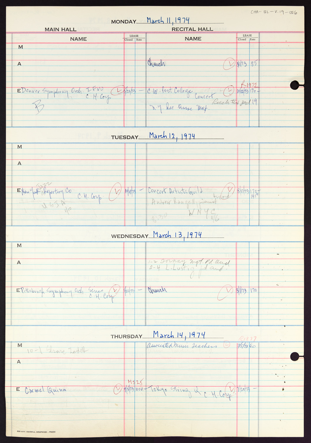 Carnegie Hall Booking Ledger, volume 19, page 56