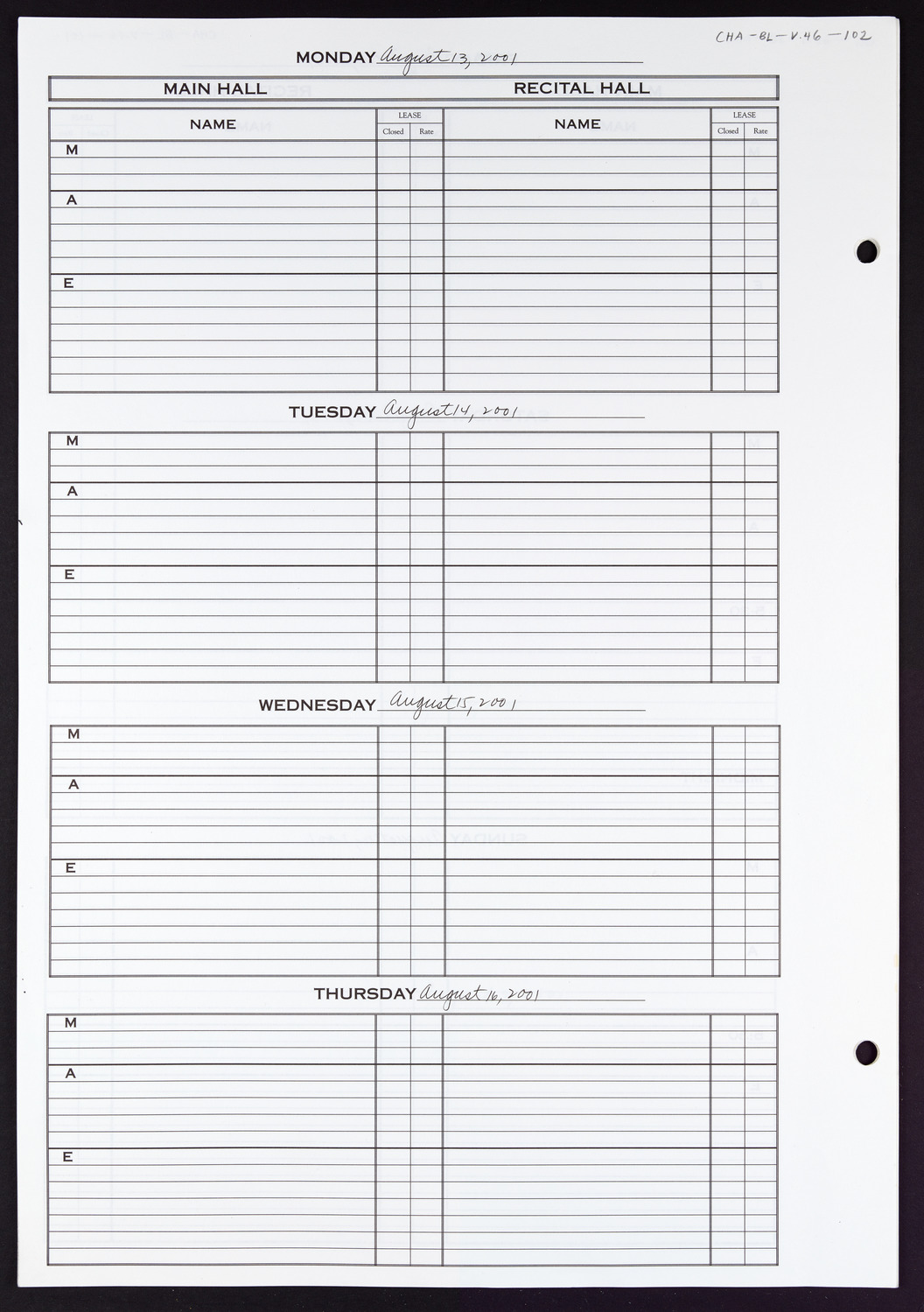 Carnegie Hall Booking Ledger, volume 46, page 102