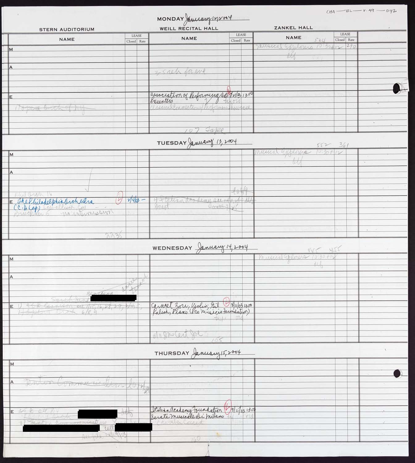 Carnegie Hall Booking Ledger, volume 49, page 42