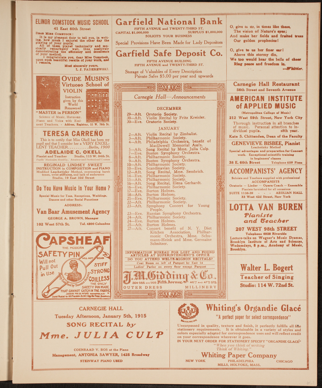 United Swedish Singing Societies of New York, December 26, 1914, program page 3