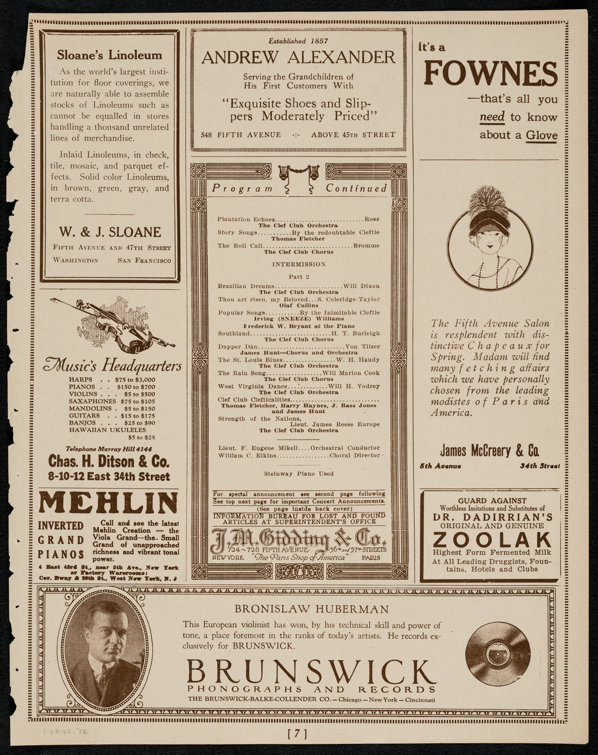 The Clef Club, January 23, 1922, program page 7