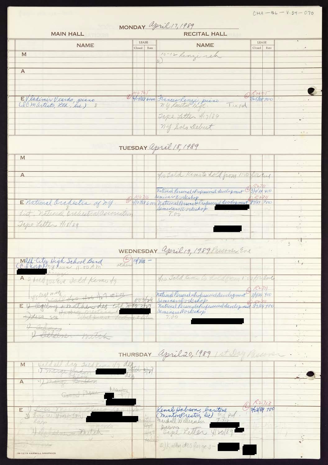 Carnegie Hall Booking Ledger, volume 34, page 70