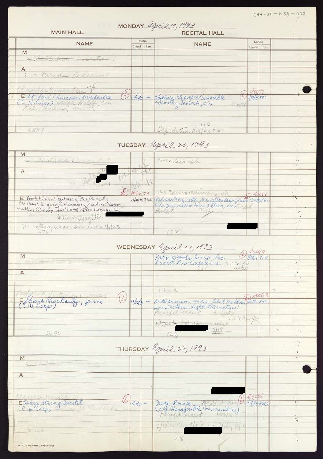 Carnegie Hall Booking Ledger, volume 38, page 70