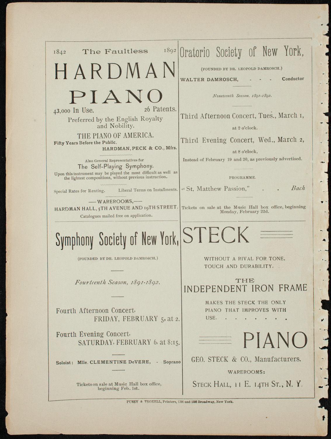 Damrosch Sunday Concert, January 24, 1892, program page 12