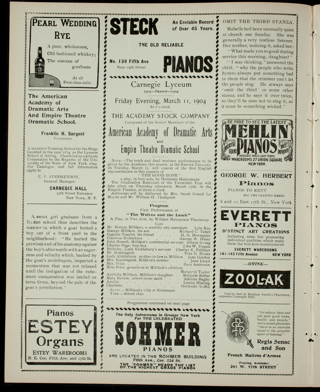 Academy Stock Company of the American Academy of Dramatic Arts/Empire Theatre Dramatic School, March 11, 1904, program page 2