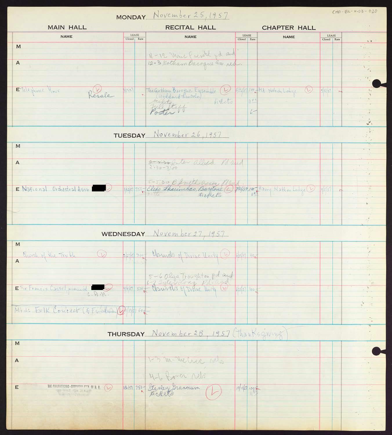 Carnegie Hall Booking Ledger, volume 3, page 20