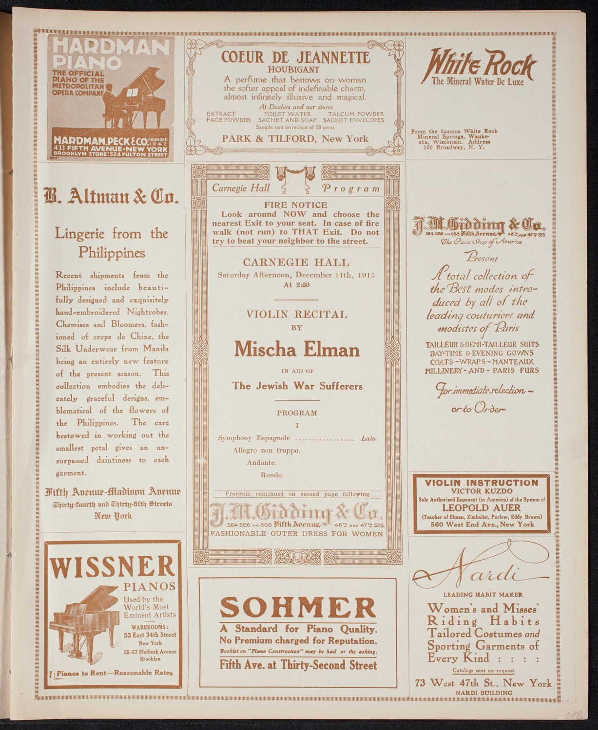 Mischa Elman, Violin, December 11, 1915, program page 5