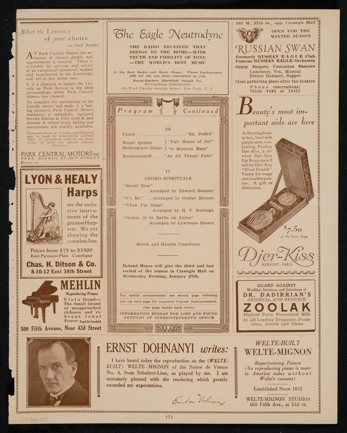 Roland Hayes, Tenor, December 30, 1925, program page 9