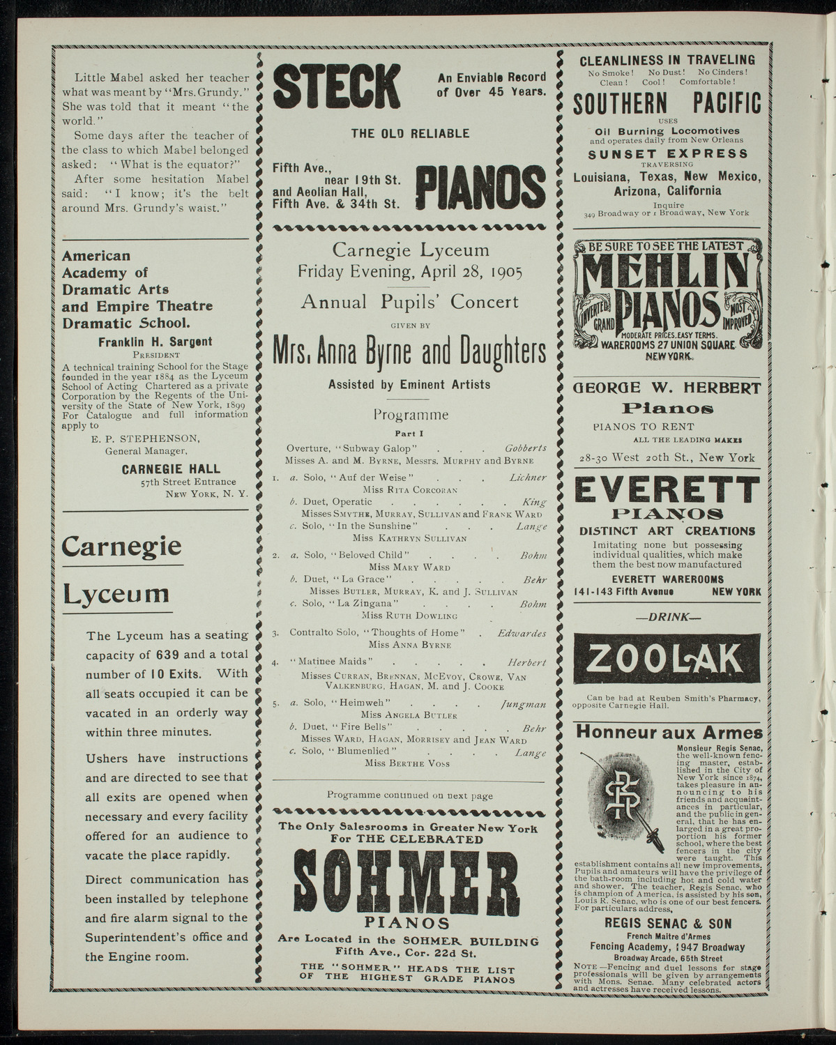 Anna Byrne and Daughters, April 28, 1905, program page 2