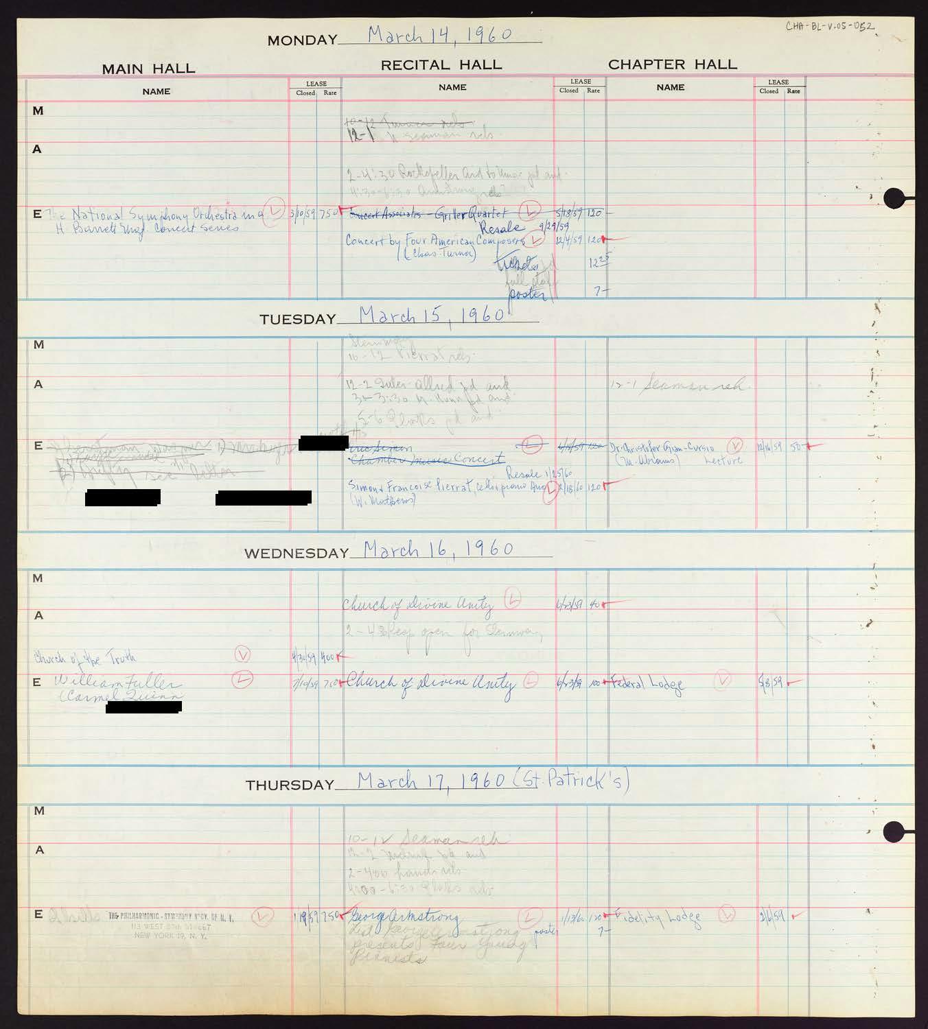 Carnegie Hall Booking Ledger, volume 5, page 52