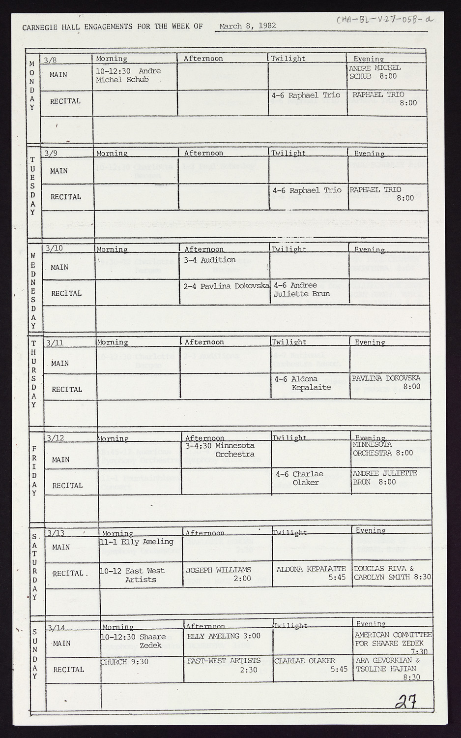 Carnegie Hall Booking Ledger, volume 27, page 58a