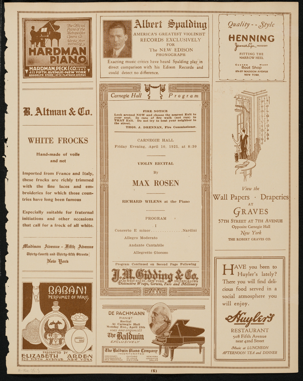 Max Rosen, Violin, April 10, 1925, program page 5
