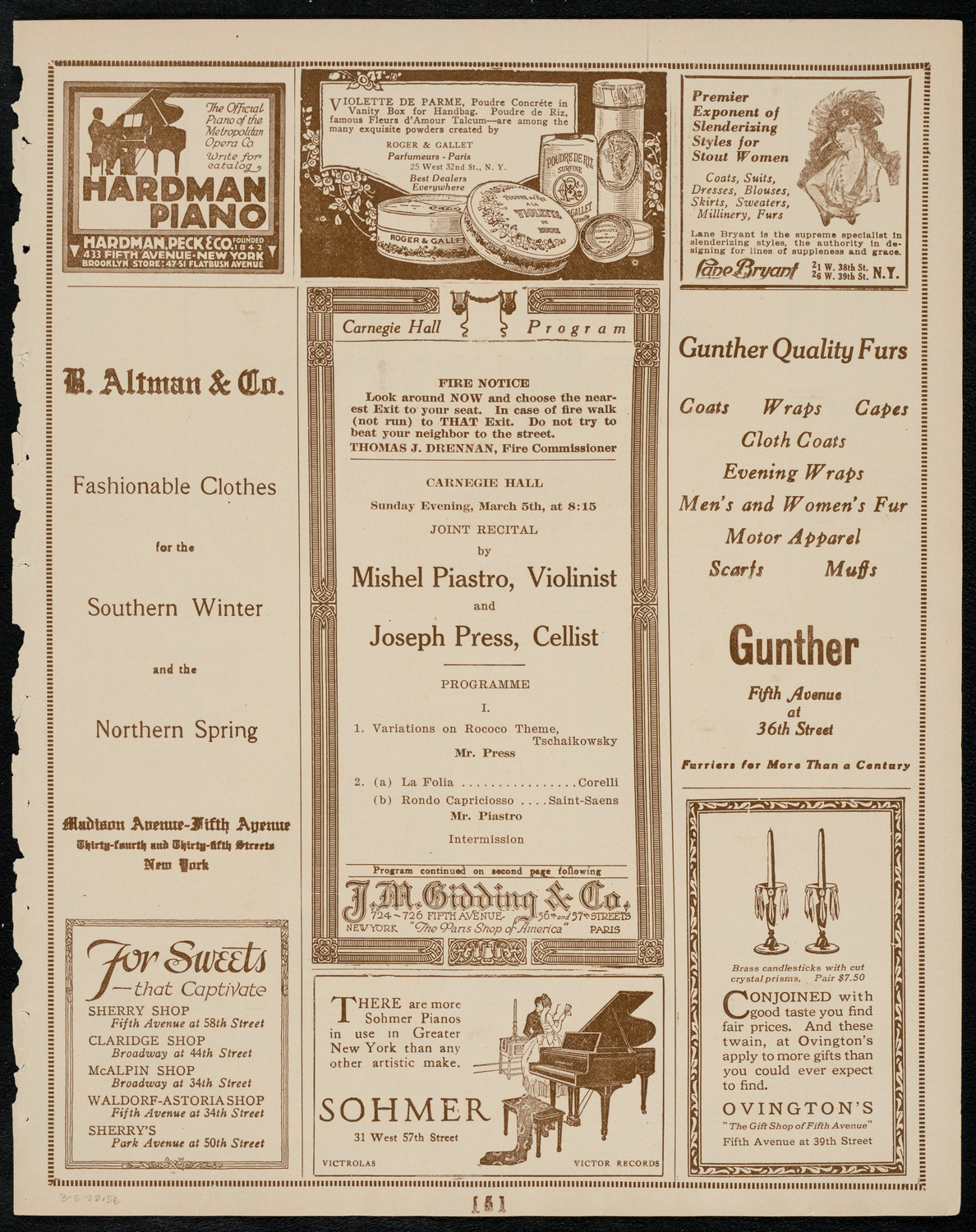 Mishel Piastro, Violin, and Joseph Press, Cello, March 5, 1922, program page 5