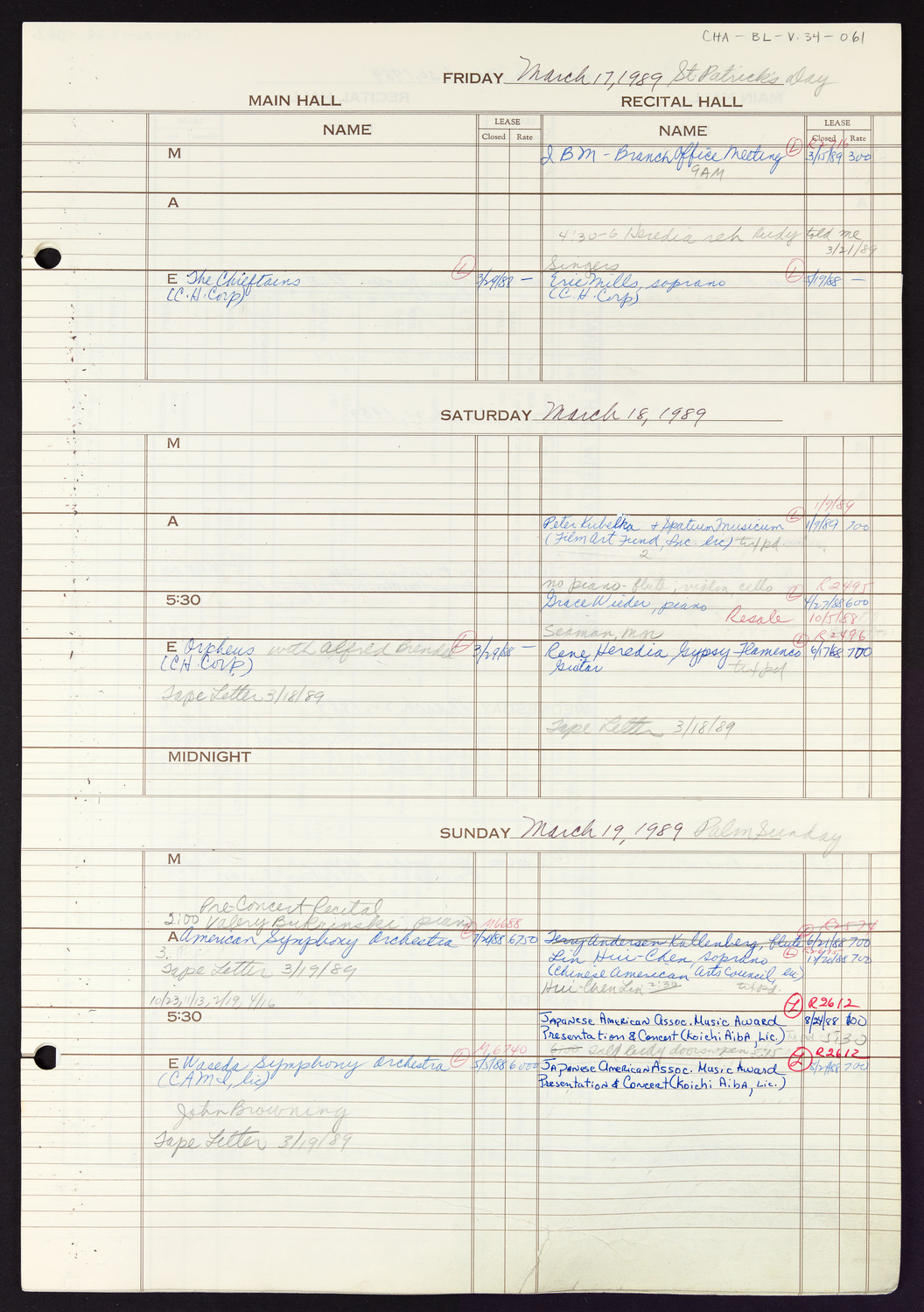 Carnegie Hall Booking Ledger, volume 34, page 61