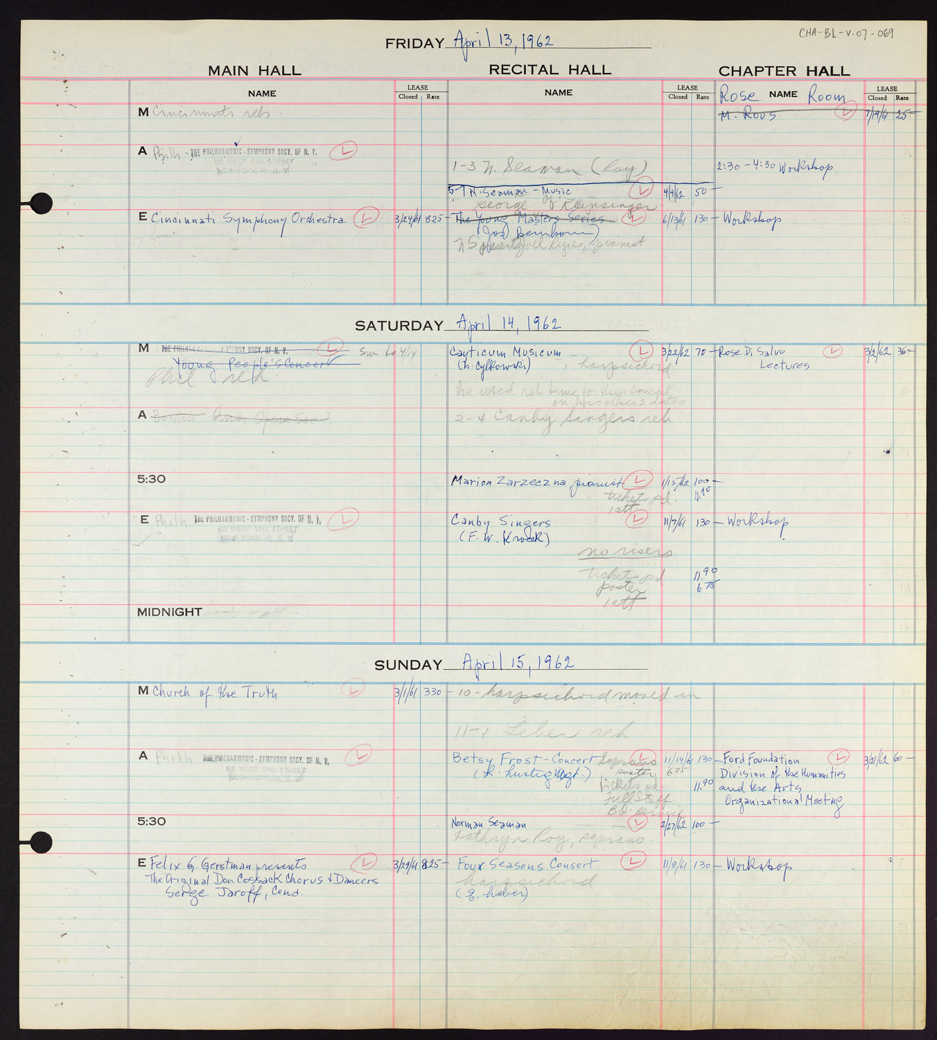 Carnegie Hall Booking Ledger, volume 7, page 69