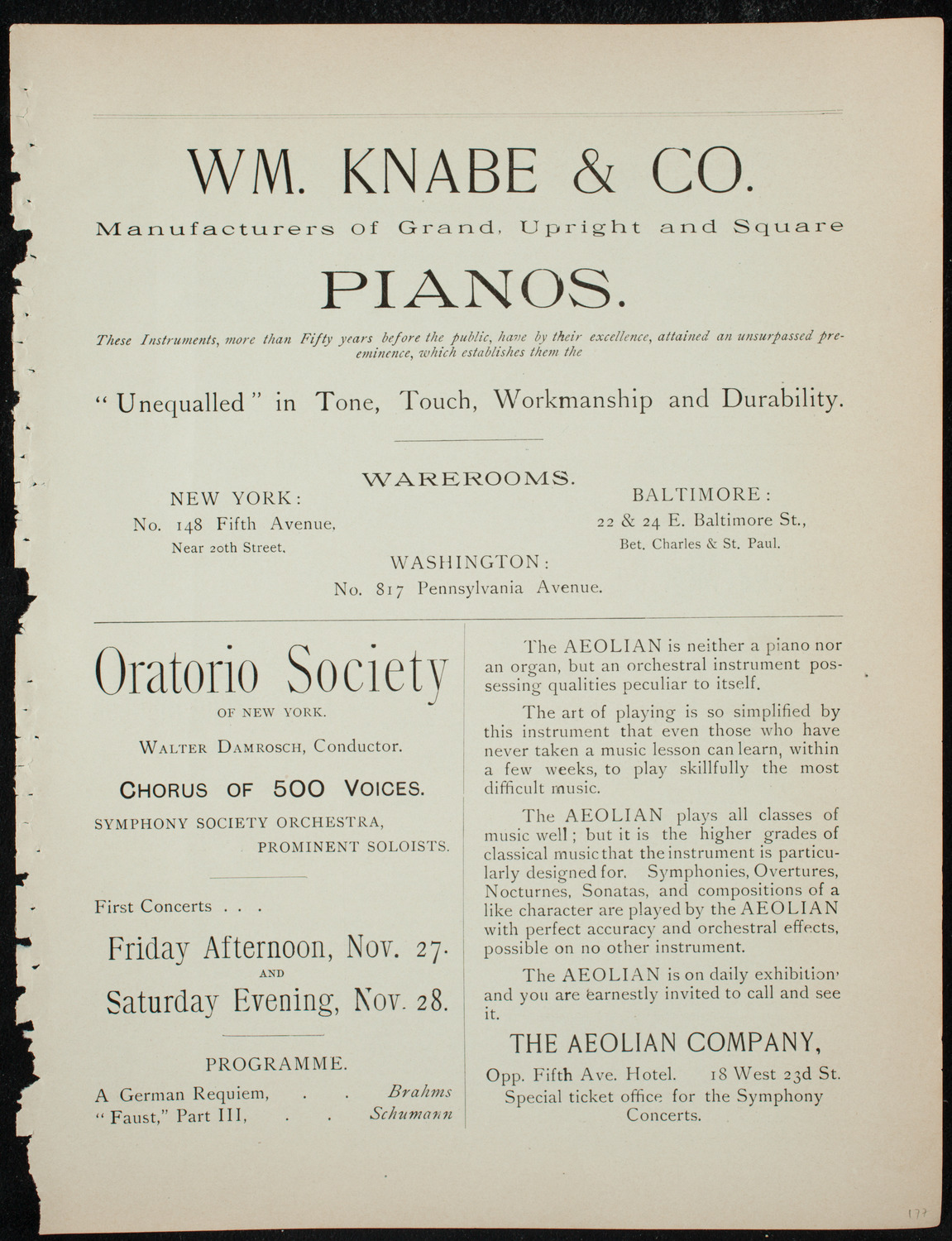 Damrosch Sunday Concert, November 22, 1891, program page 3