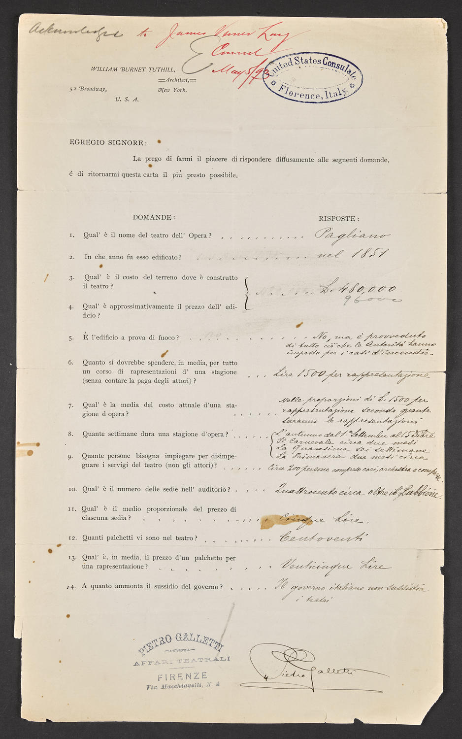 Questionnaire to Regio Teatro della Pergola, May 5, 1893, page 3 of 4