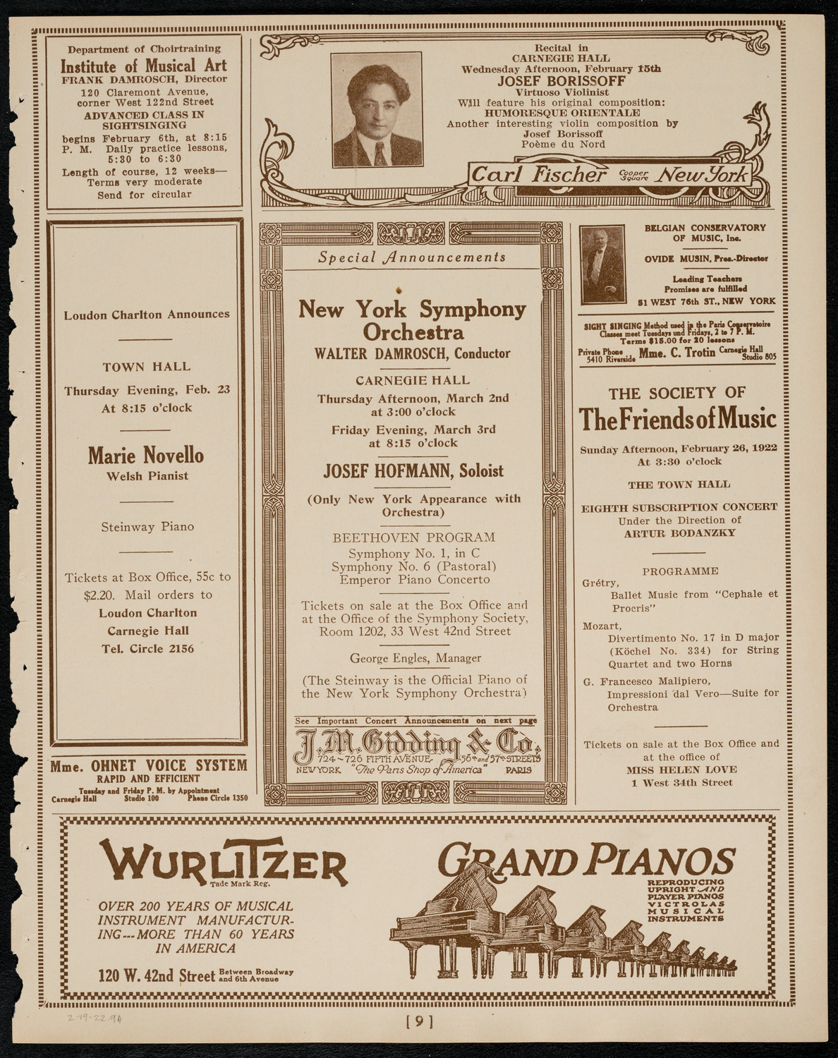 New York Philharmonic, February 19, 1922, program page 9