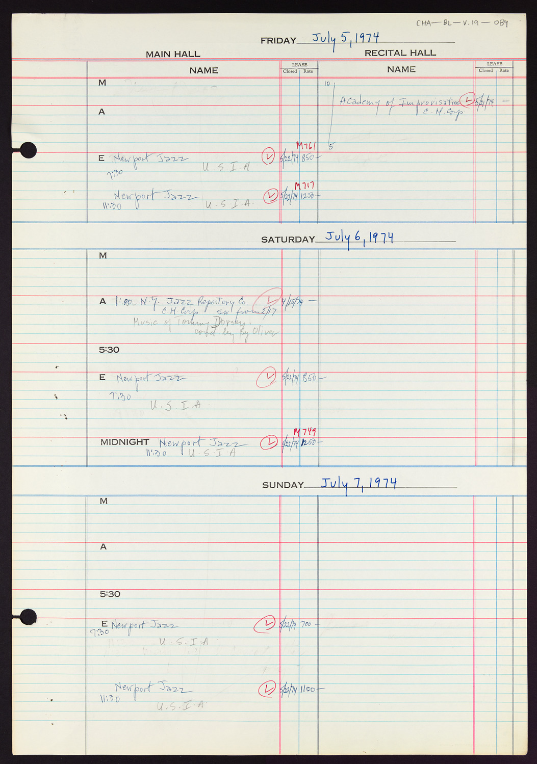 Carnegie Hall Booking Ledger, volume 19, page 89