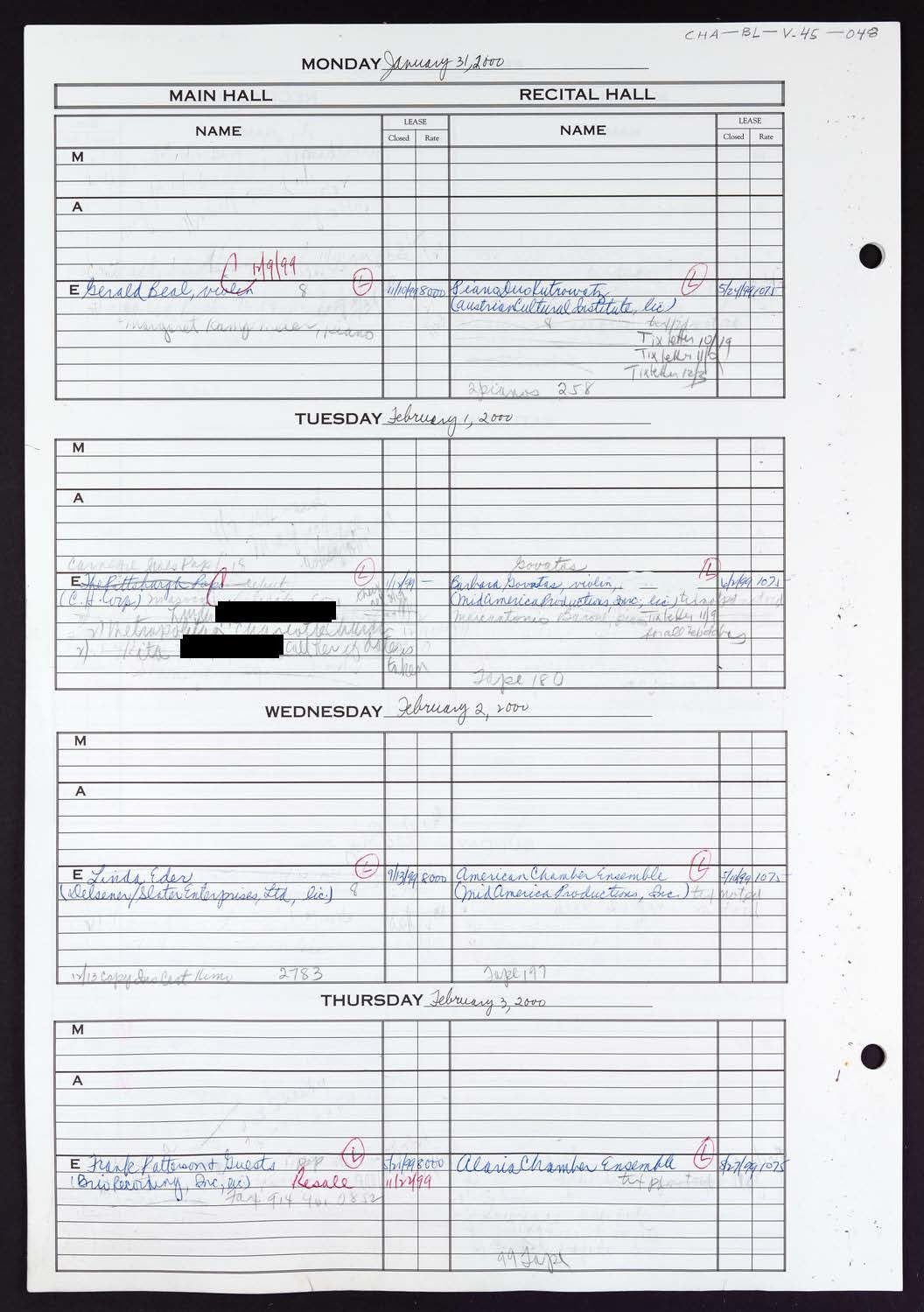 Carnegie Hall Booking Ledger, volume 45, page 48