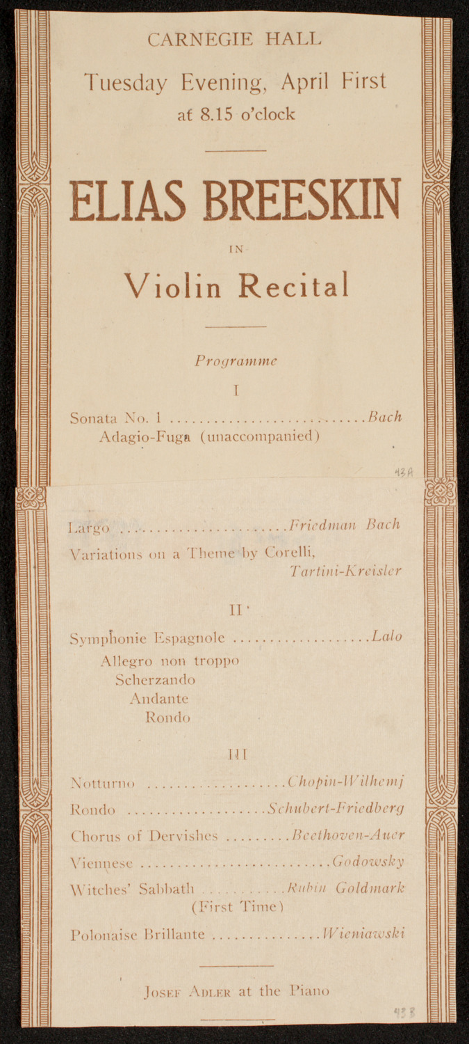 Elias Breeskin, Violin, April 1, 1919, program page 1