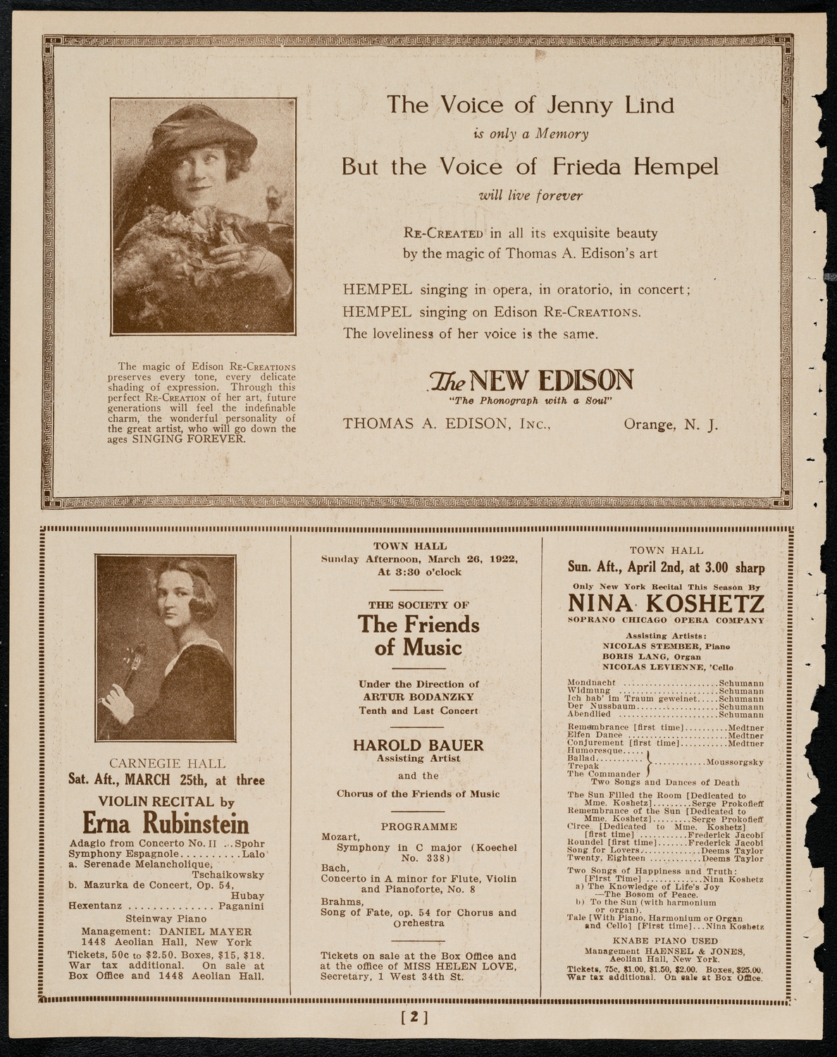 New York Symphony Orchestra, March 23, 1922, program page 2