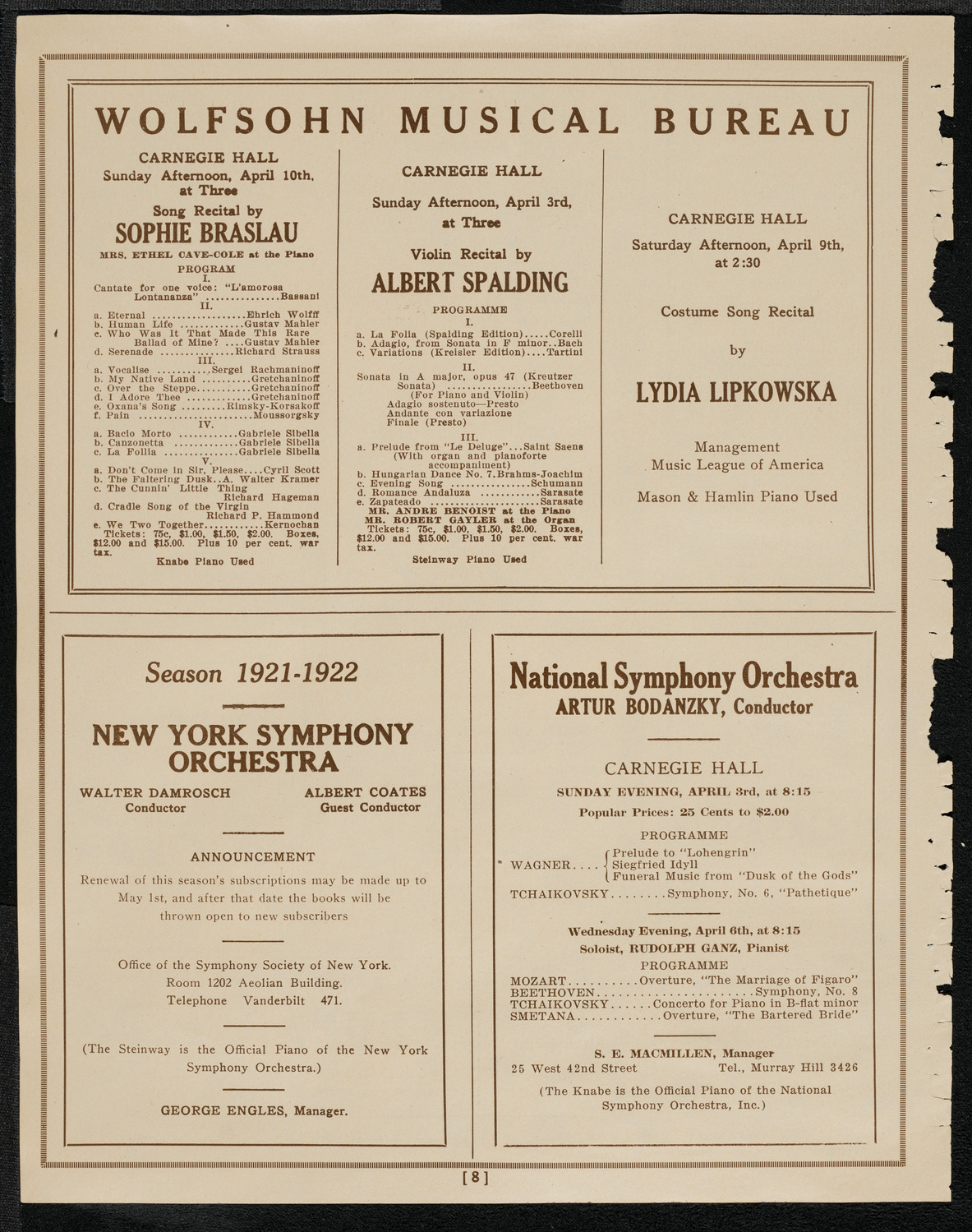 National Symphony Orchestra, April 1, 1921, program page 8