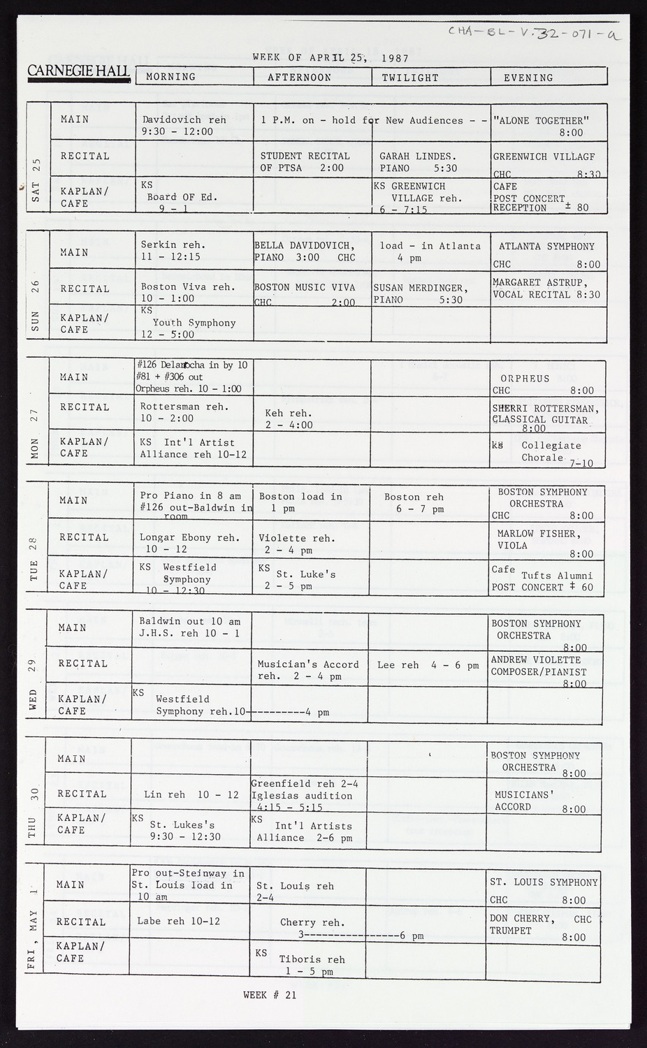 Carnegie Hall Booking Ledger, volume 32, page 71a