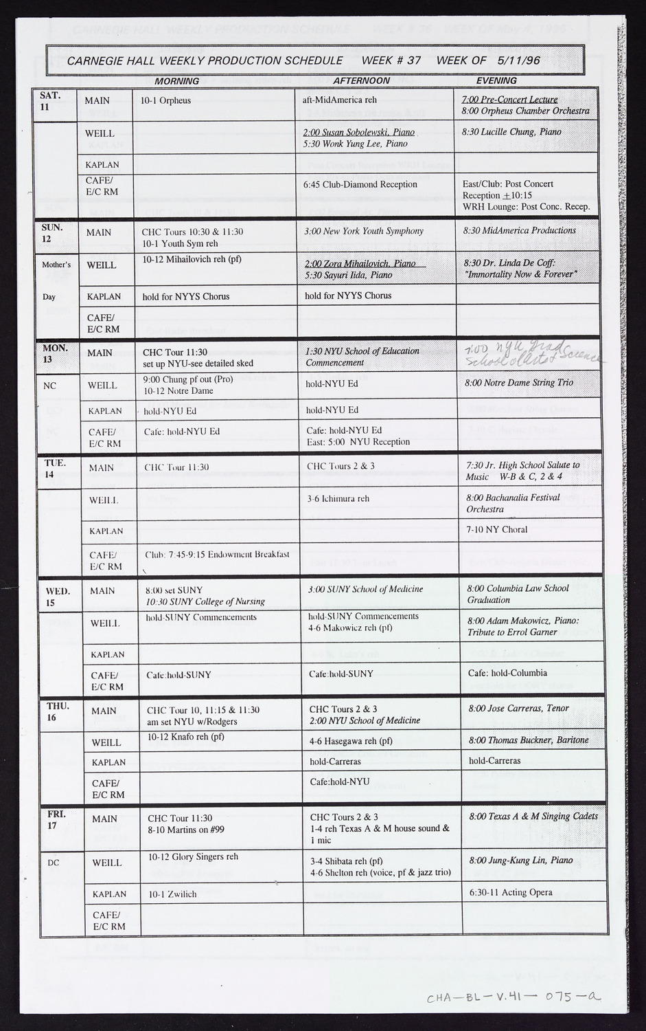 Carnegie Hall Booking Ledger, volume 41, page 75a