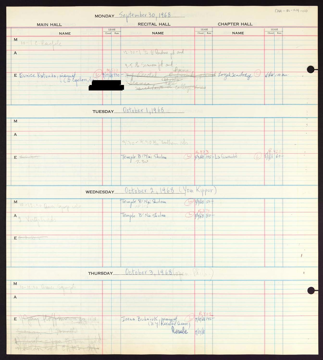 Carnegie Hall Booking Ledger, volume 14, page 10