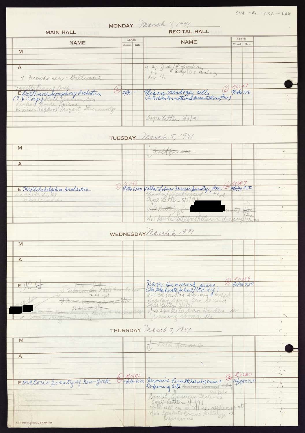 Carnegie Hall Booking Ledger, volume 36, page 56