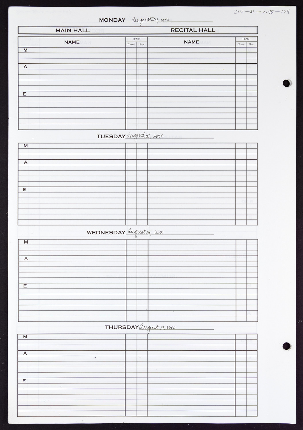 Carnegie Hall Booking Ledger, volume 45, page 104