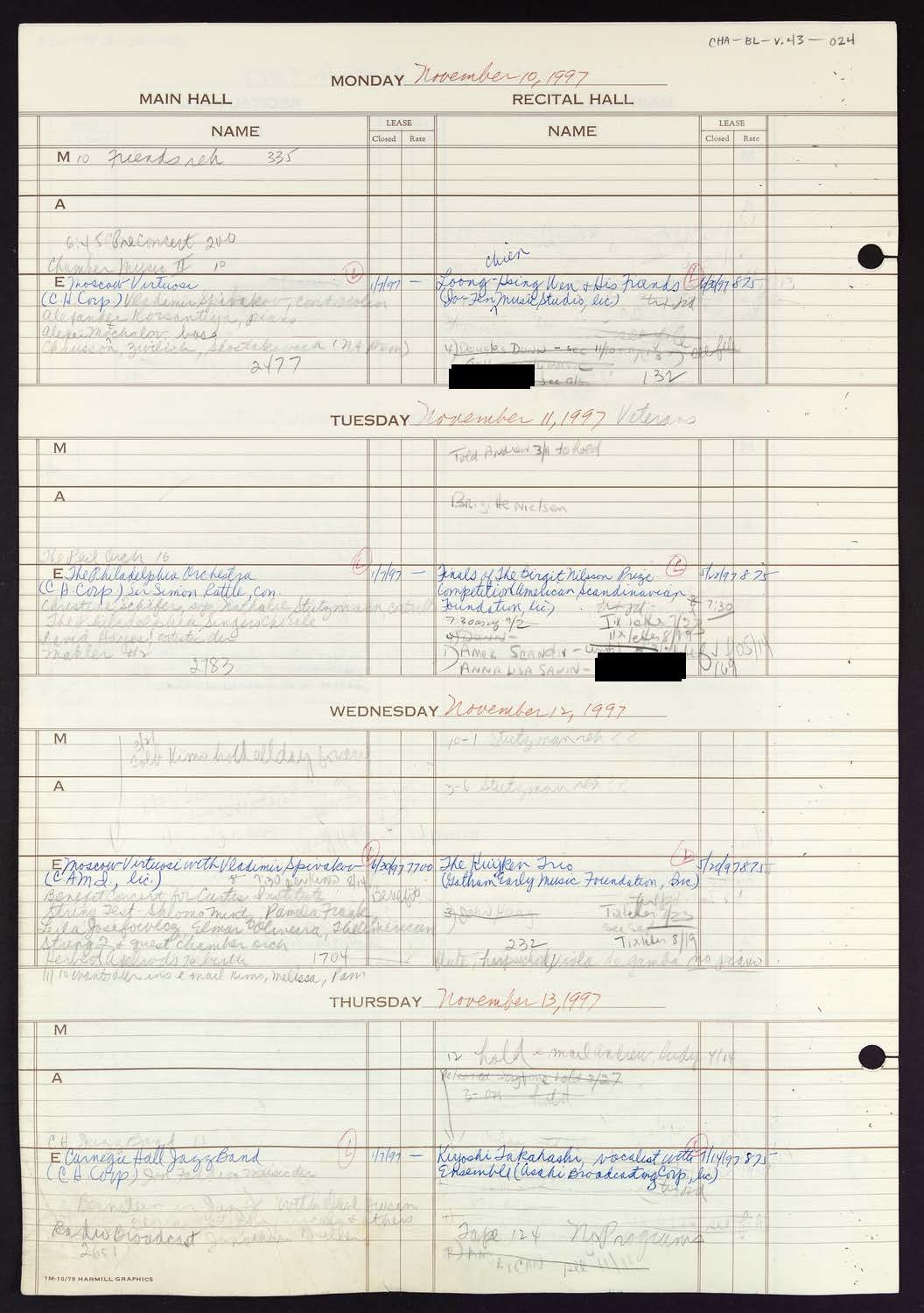 Carnegie Hall Booking Ledger, volume 43, page 24