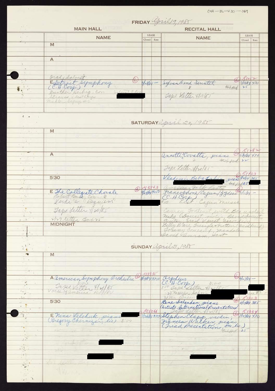 Carnegie Hall Booking Ledger, volume 30, page 69