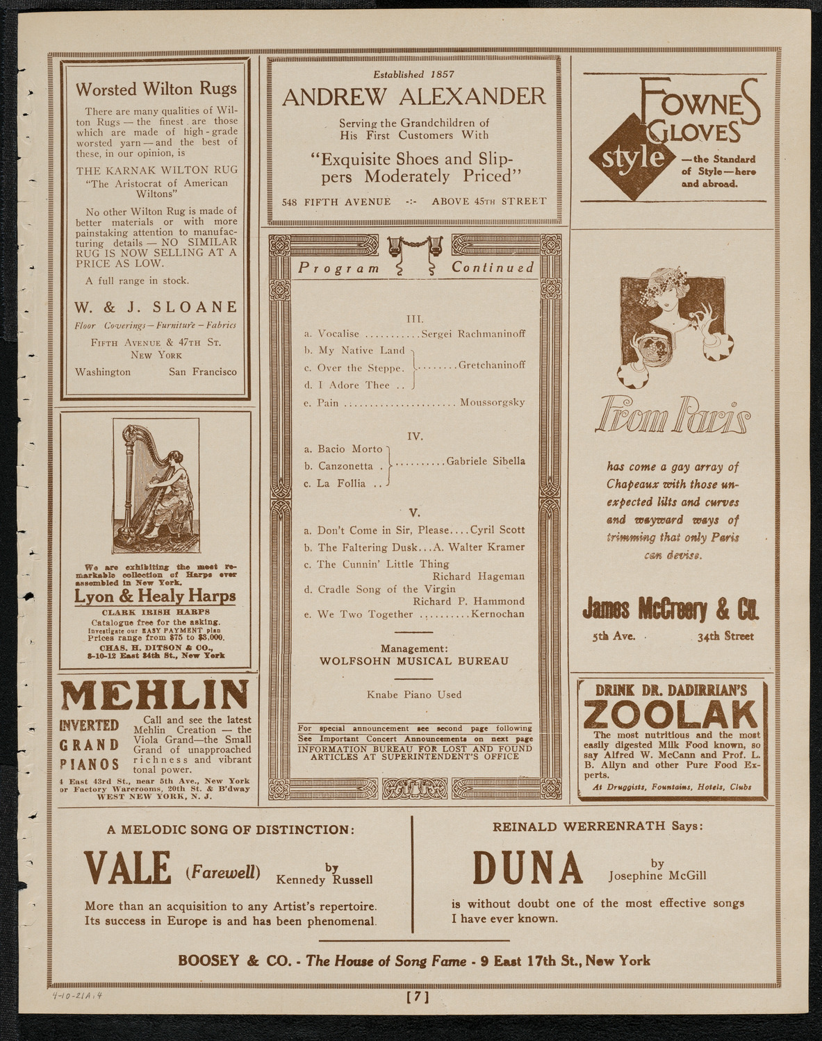 Sophie Braslau, Contralto, April 10, 1921, program page 7