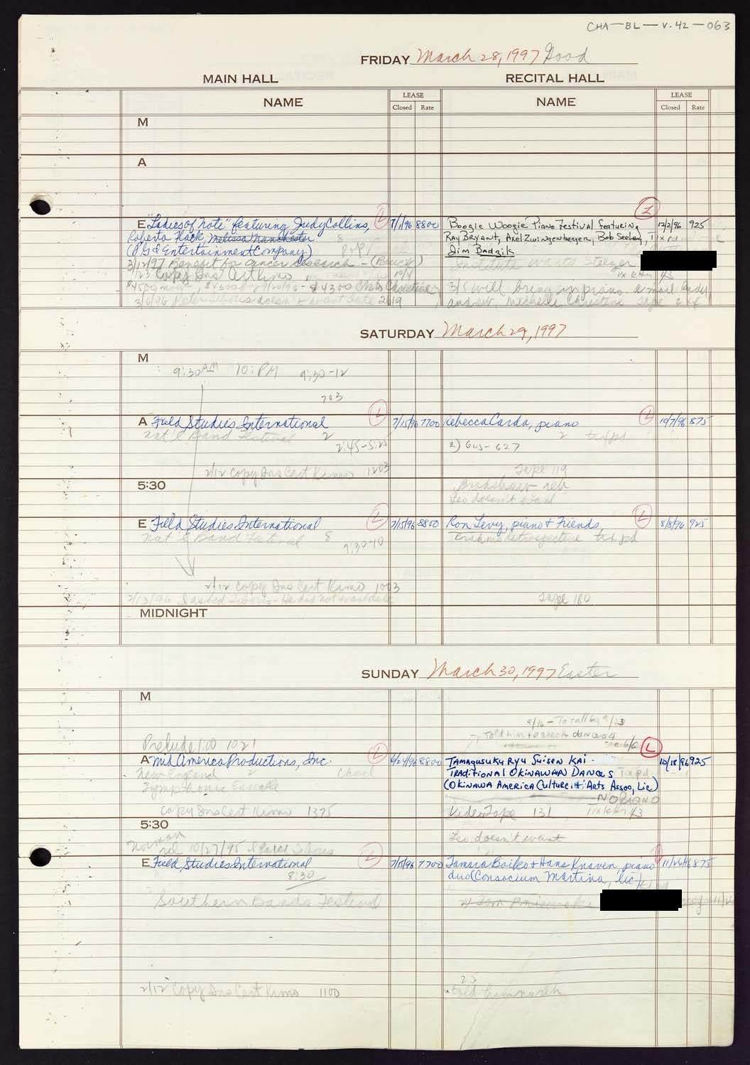 Carnegie Hall Booking Ledger, volume 42, page 63