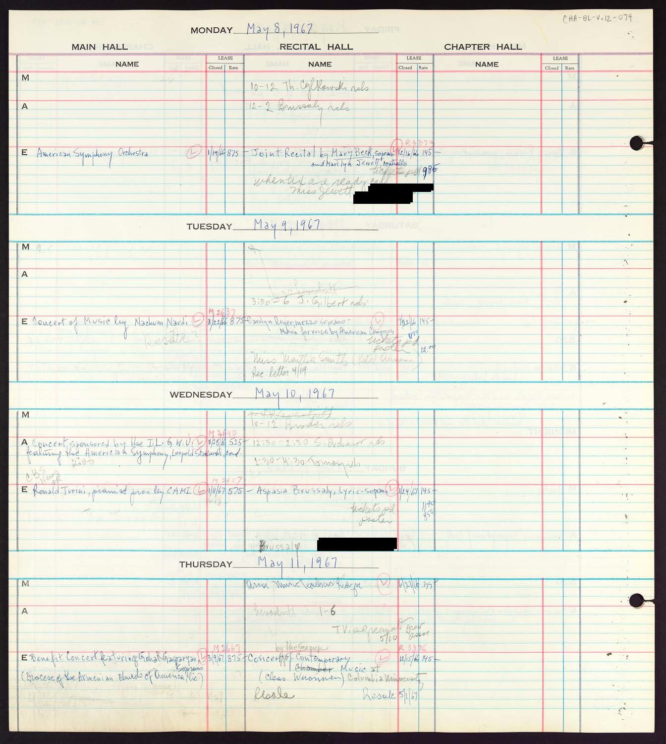 Carnegie Hall Booking Ledger, volume 12, page 74