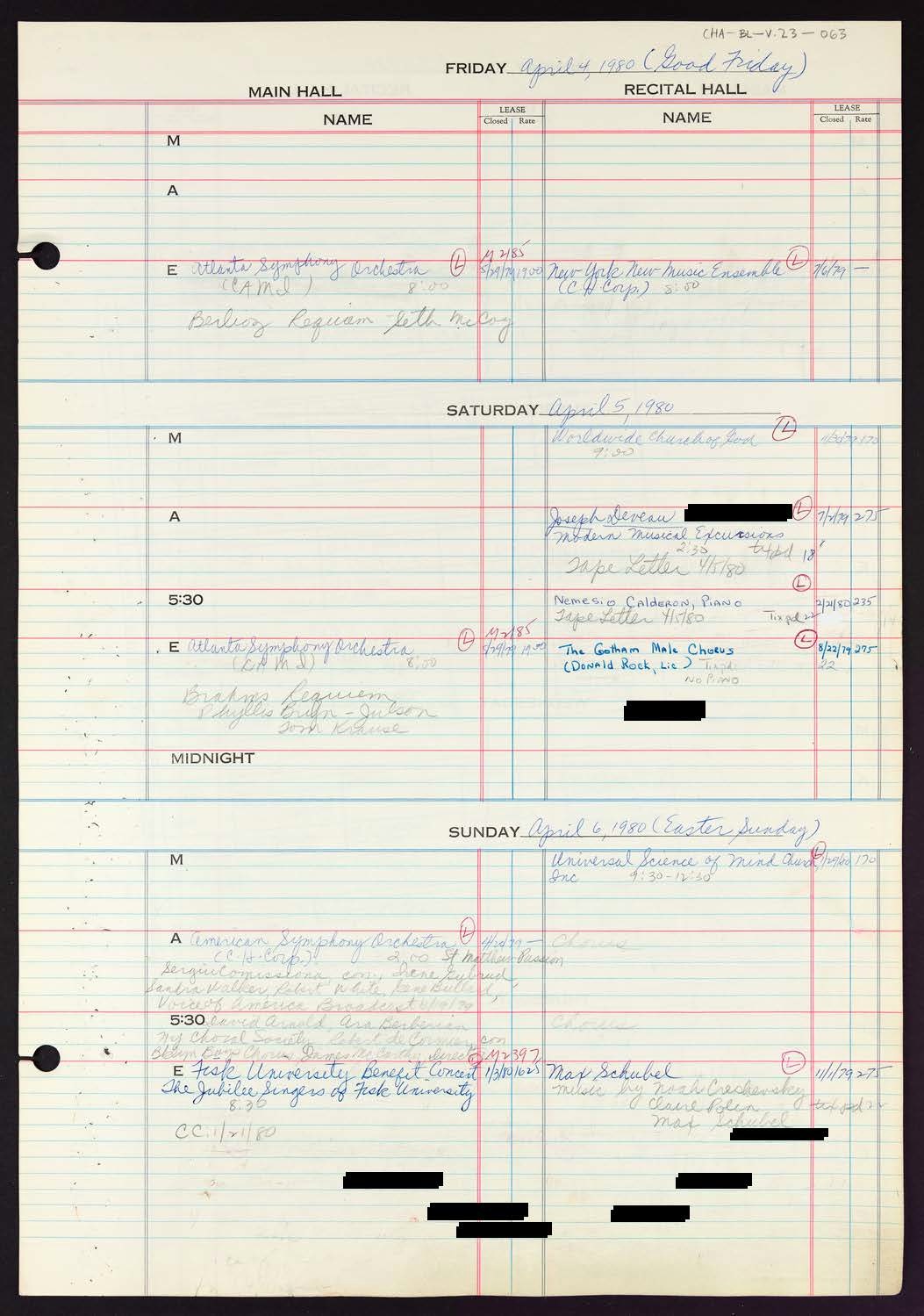 Carnegie Hall Booking Ledger, volume 25, page 63