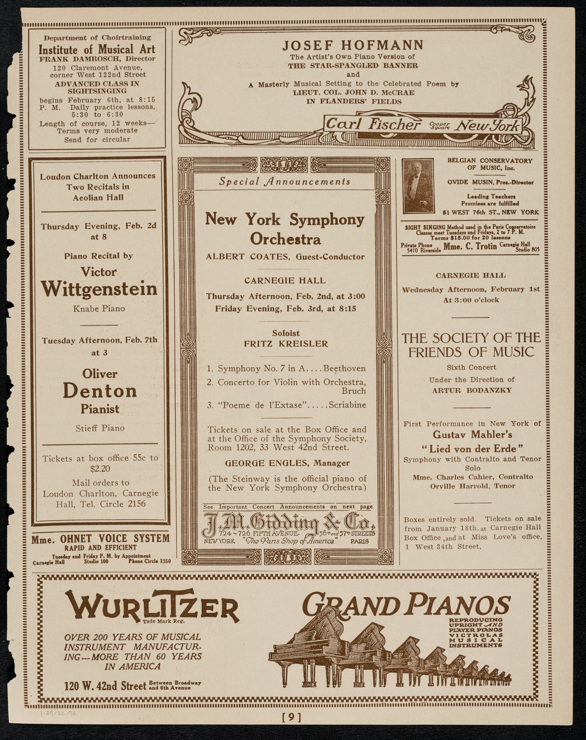 New York Philharmonic, January 29, 1922, program page 9