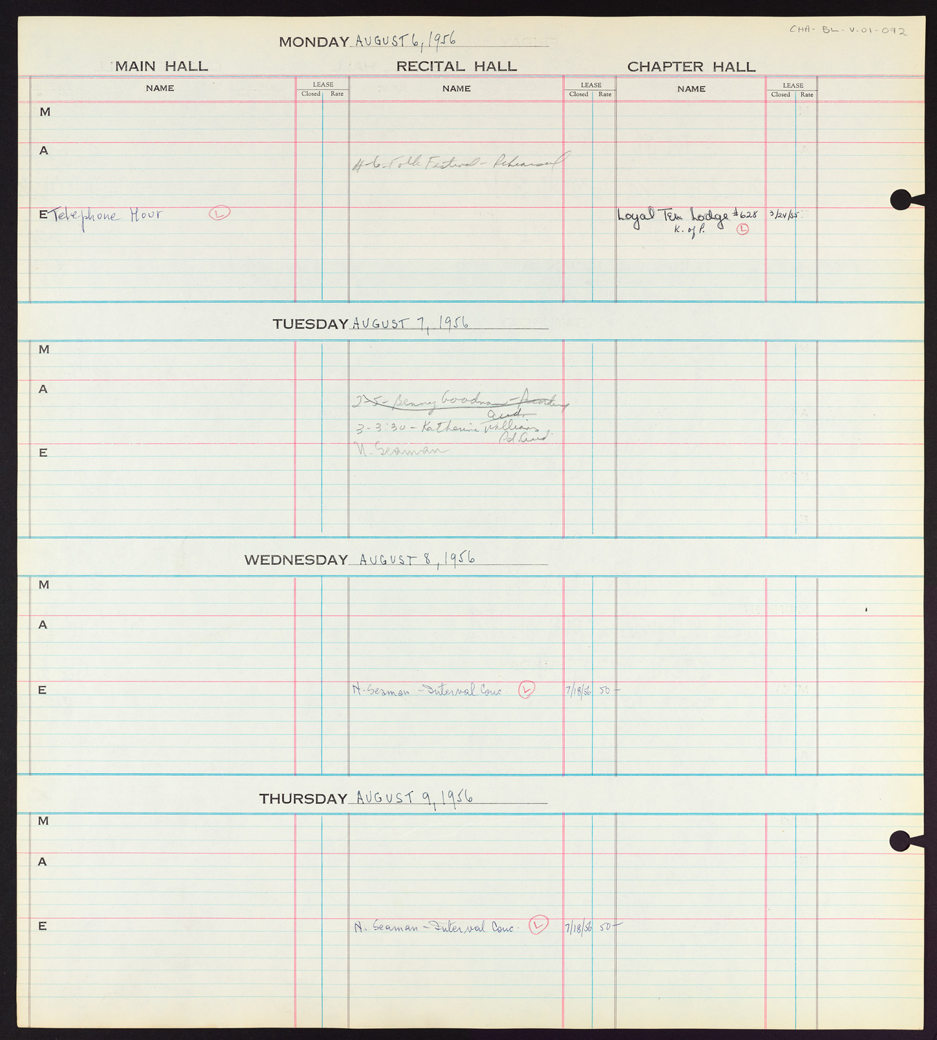 Carnegie Hall Booking Ledger, volume 1, page 92