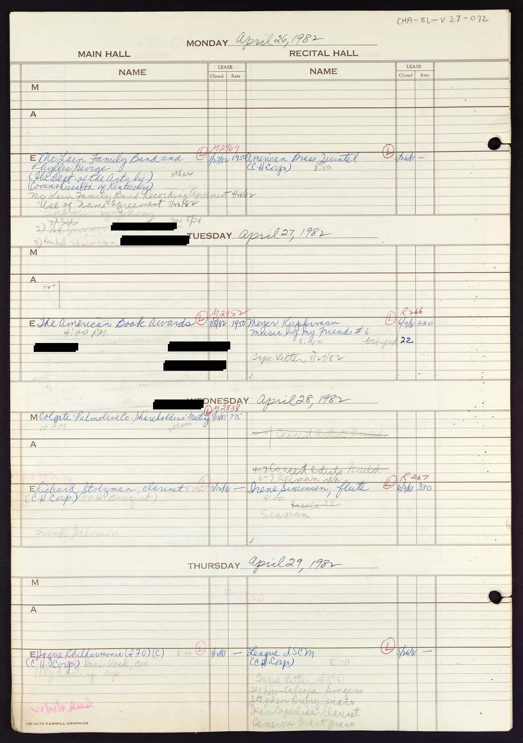 Carnegie Hall Booking Ledger, volume 27, page 72