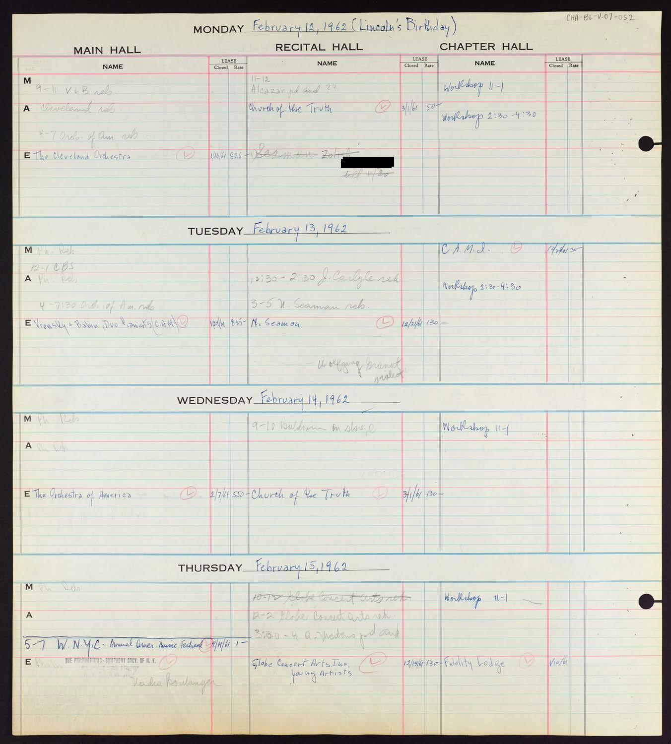 Carnegie Hall Booking Ledger, volume 7, page 52