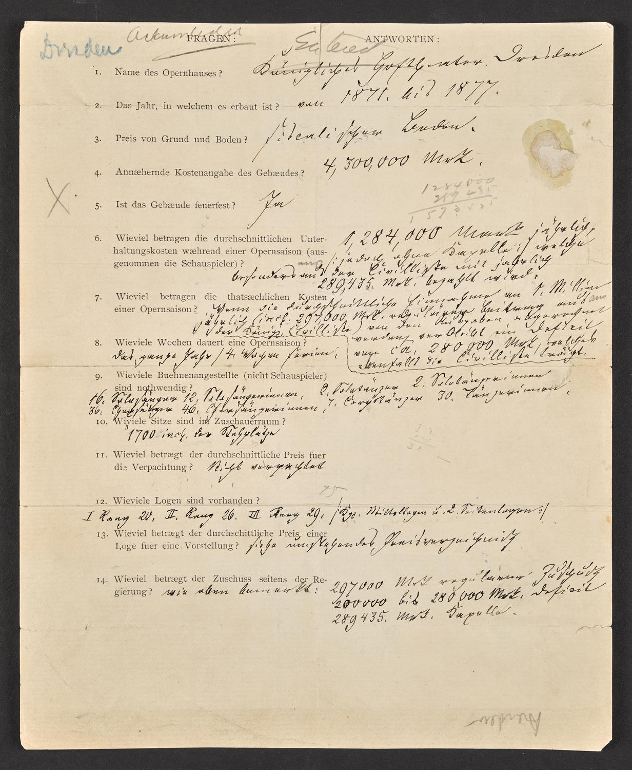 Questionnaire to Dresden Seperopera (front)