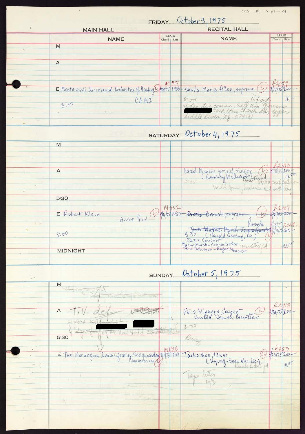 Carnegie Hall Booking Ledger, volume 21, page 11