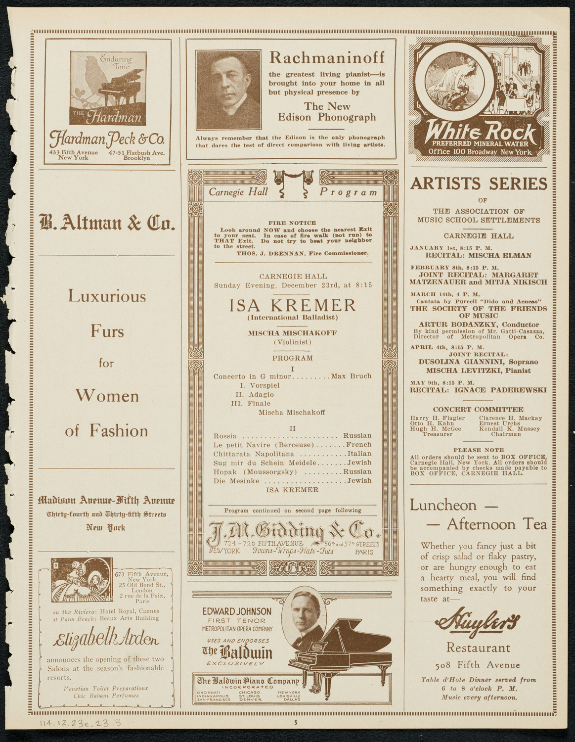 Isa Kremer, Soprano, December 23, 1923, program page 5